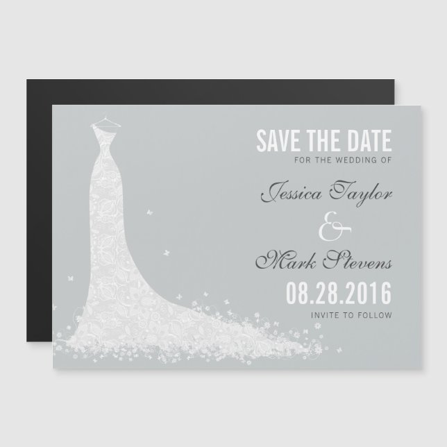 White & GrayLace Hochzeitskleid Save the Date Magneteinladung (Vorne/Hinten)