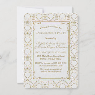 White Great Gatsby Art Deco Gold Engagement Party Einladung