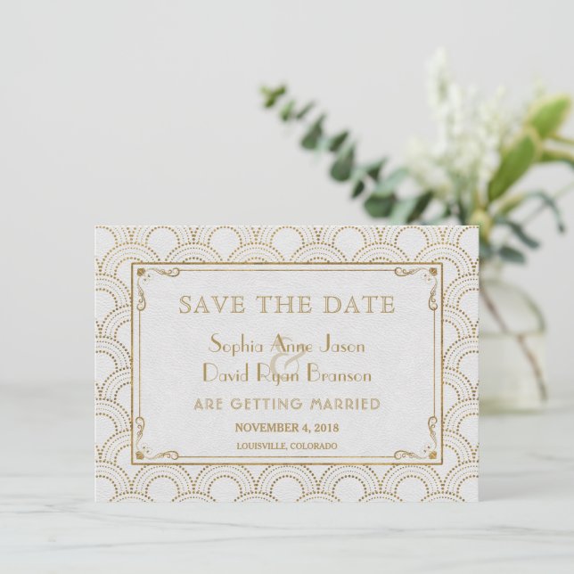 White Great Gatsby Art Deco Gold Save the Date (Stehend Vorderseite)