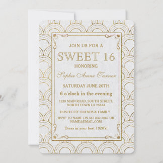 White Great Gatsby Art Deco Gold Sweet 16 Einladun Einladung