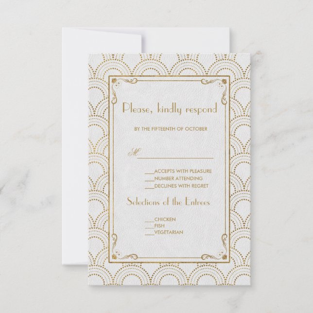 White Great Gatsby Art Deco Gold Wedding RSVP (Vorderseite)