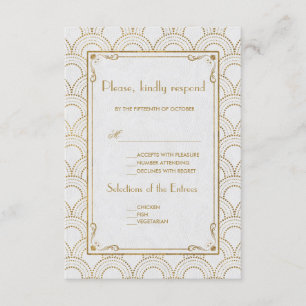 White Great Gatsby Art Deco Gold Wedding RSVP Karte