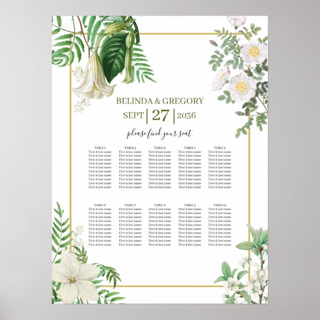 White Green Floral Gold Hochzeitstabelle Poster (Vorne)
