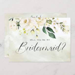White & Green Floral Watercolor Script Bridesmaid Einladung