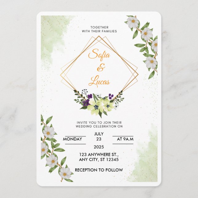 White & Green Floral Watercolor Wedding Invitation Einladung (Vorderseite)