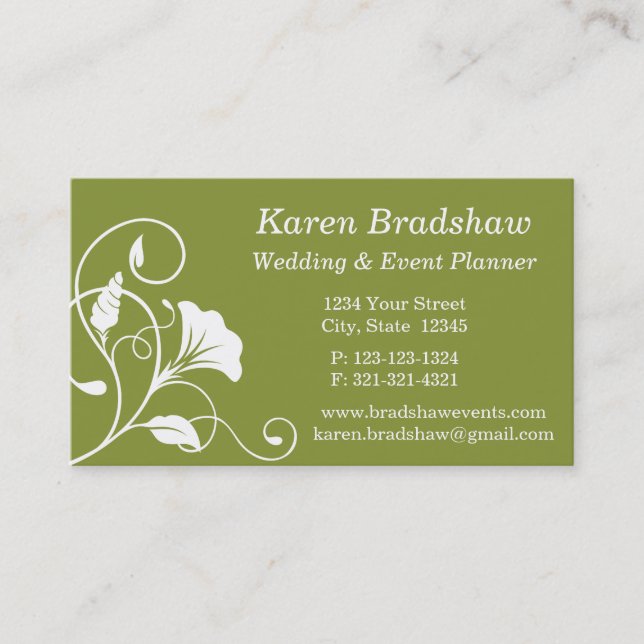 White & Green Floral Wedding Planner Business Card Visitenkarte (Vorderseite)