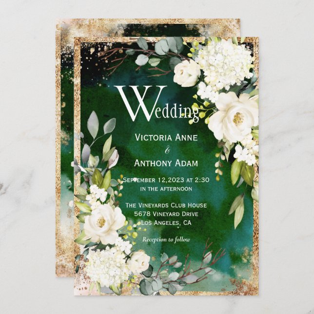 White Green Gold Rustic Floral Wedding Einladung (Vorne/Hinten)