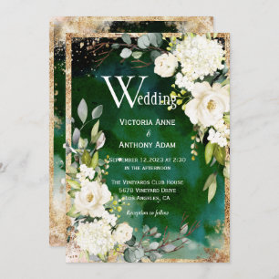 White Green Gold Rustic Floral Wedding Einladung