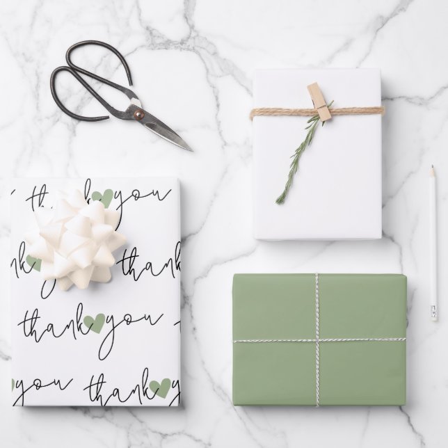 White Green Heart Vielen Dank 3 Set Wrapping Paper Geschenkpapier Set (Vorderseite)