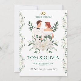 White & Green Minimalist Floral Wedding Invitation Einladung