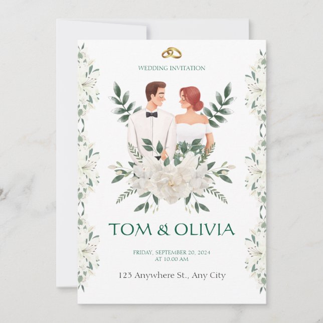 White & Green Minimalist Floral Wedding Invitation Einladung (Vorderseite)