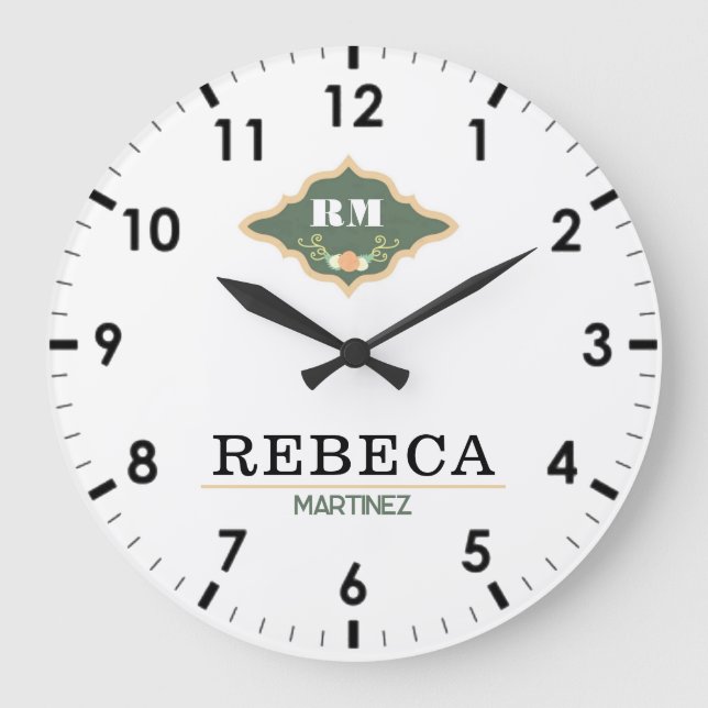 White Green Monogram Crest Luxury Gift Große Wanduhr (Vorderseite)