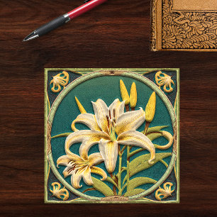 White Green Oriental Lily Art Nouveau Inspiriert Fliese
