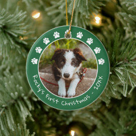 White Green Paw Prints Pets Erstes Weihnachtsfest- Keramik Ornament