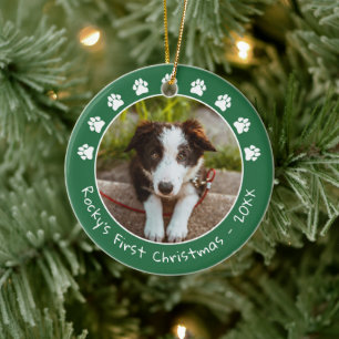 White Green Paw Prints Pets Erstes Weihnachtsfest- Keramik Ornament