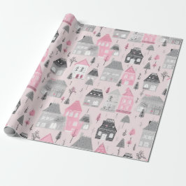 White Grey Christmas Houses on Pink Geschenkpapier