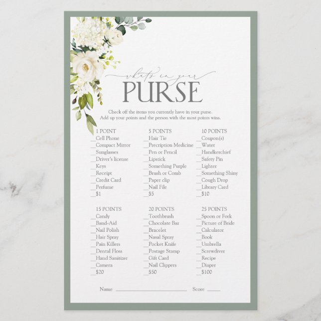 White Grey Green Watercolor Brautparty Game (Vorderseite)