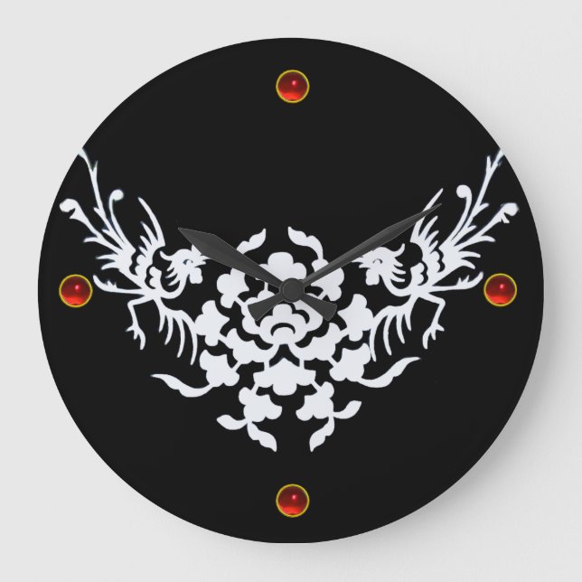 WHITE GRIFFINS AND FLOWERS ,Red Ruby Gem Stone Große Wanduhr (Vorderseite)