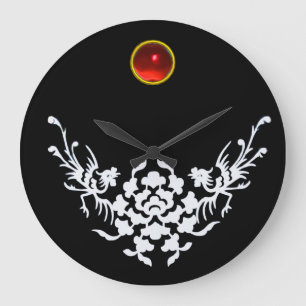 WHITE GRIFFINS AND FLOWERS ,Red Ruby Gem Stone Große Wanduhr