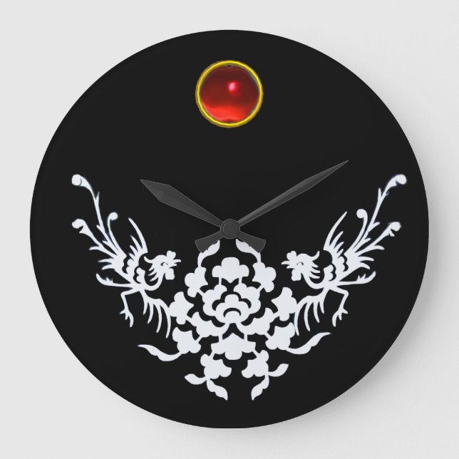 WHITE GRIFFINS AND FLOWERS ,Red Ruby Gem Stone Große Wanduhr (Vorderseite)