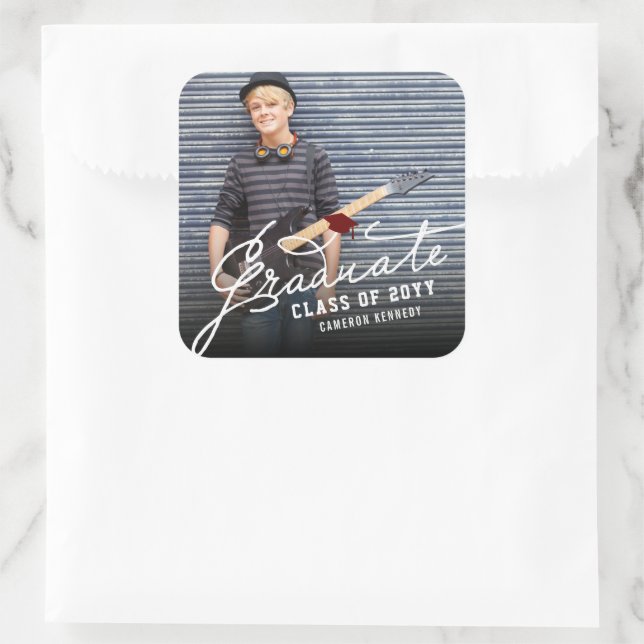 White Handwriting Graduate Script Modernes Foto Quadratischer Aufkleber (Tasche)