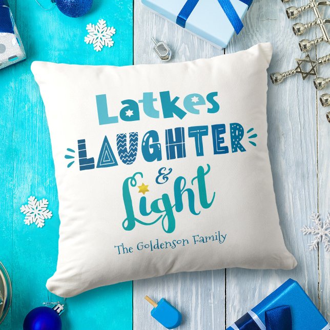 White Hanukkah Latkes Lacher Light Fun Blue Type Kissen (Von Creator hochgeladen)