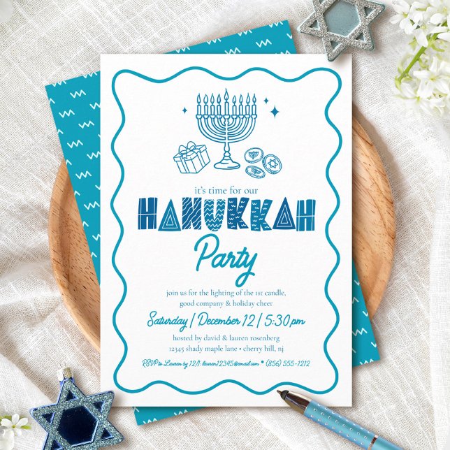 White Hanukkah Turquoise Typography Doodle Party Einladung (Von Creator hochgeladen)