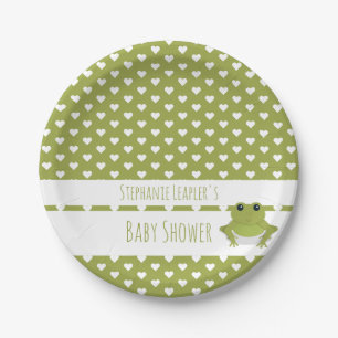 White Heart Muster Green Frog Name Baby Dusche Pappteller