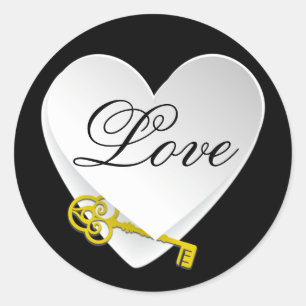 White Heart on Black mit Gold Key & Liebe Hochzeit Runder Aufkleber