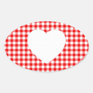 White Heart on Red Gingham Ovaler Aufkleber