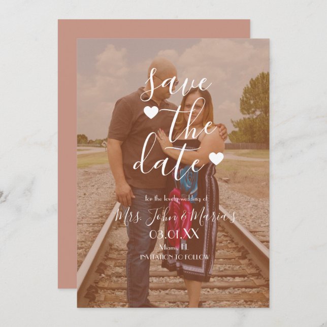 White Heart Script-Foto Save the Date Einladung (Vorne/Hinten)