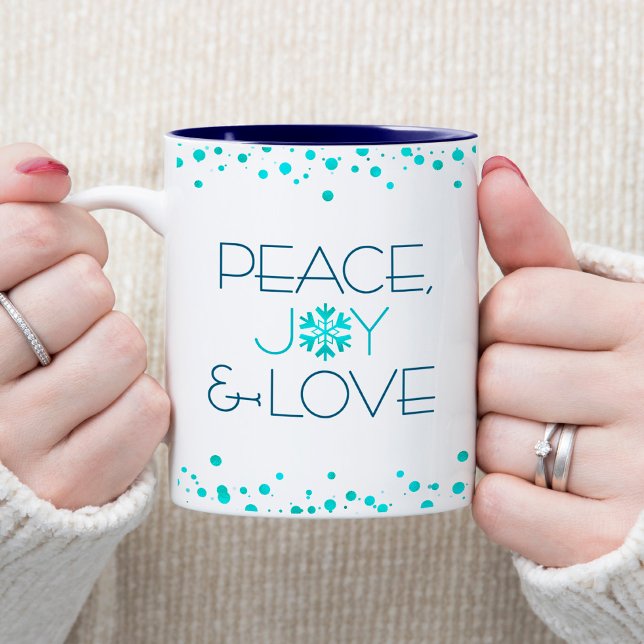 White Holiday Türkis Snowflake Peace Joy Liebe Zweifarbige Tasse (Von Creator hochgeladen)