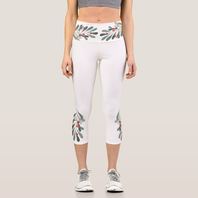White Holly Sprigs mit Red Berries Capri Leggings (Vorderseite)