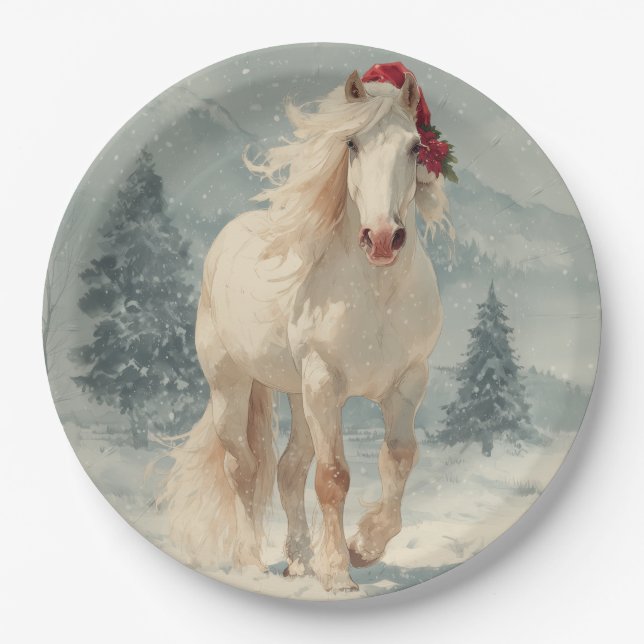 White Horse Christmas Paper Plate Pappteller (Vorderseite)