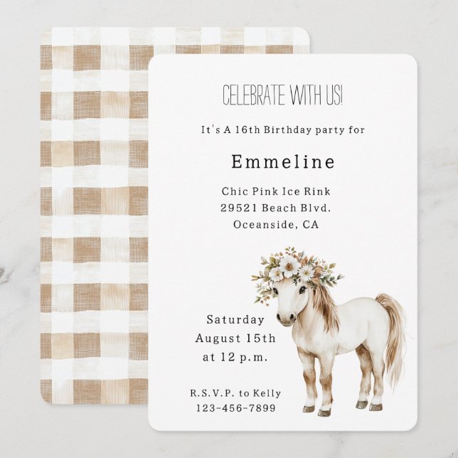 White Horse Floral 16th Birthday Einladung (Vorne/Hinten)