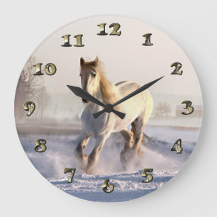 White Horse Galloping Through the Winter Snow Große Wanduhr