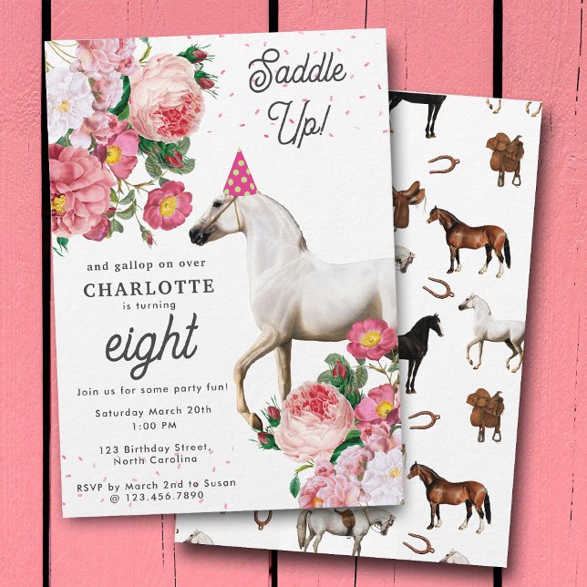 White Horse Pink Floral Girl Cowgirl Birthday Einladung (White Horse Pink Floral Girl Cowgirl Birthday Invitation)
