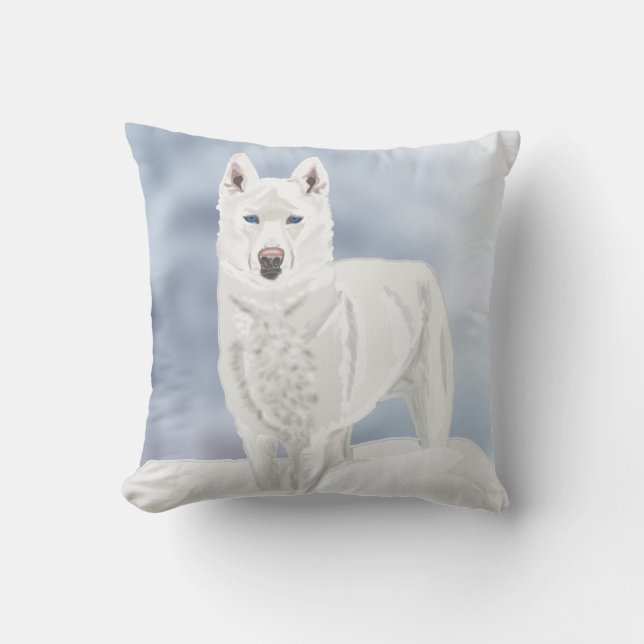 White Husky gegen Snowy Background Kissen (Vorderseite)