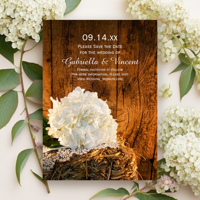White Hydrangea Barn Wood Wedding retten das Datum Save The Date (Von Creator hochgeladen)