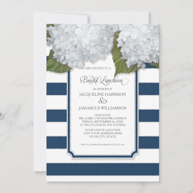 White Hydrangea Bridal Luncheon Navy Blauer Streif Einladung (Vorderseite)