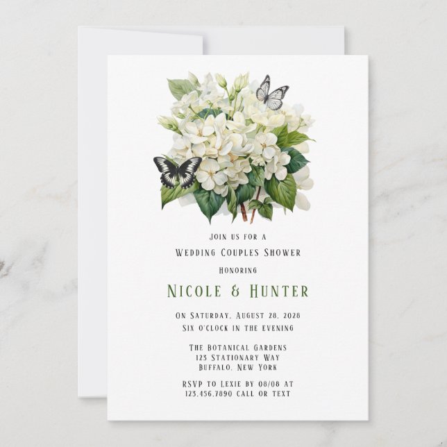 White Hydrangea Butterfly Wedding Couples Dusche Einladung (Vorderseite)