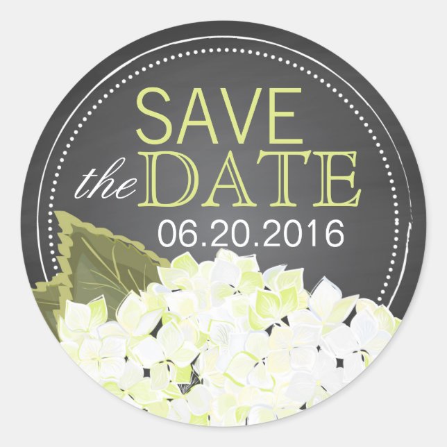 White Hydrangea Chalkboard Save the Date Label Runder Aufkleber (Vorderseite)