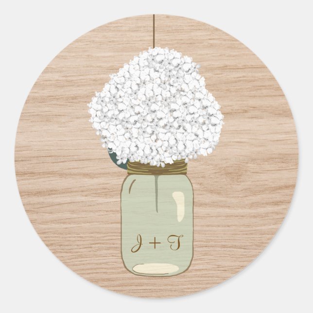 White Hydrangea & Country Mason Jar Brautparty Runder Aufkleber (Vorderseite)
