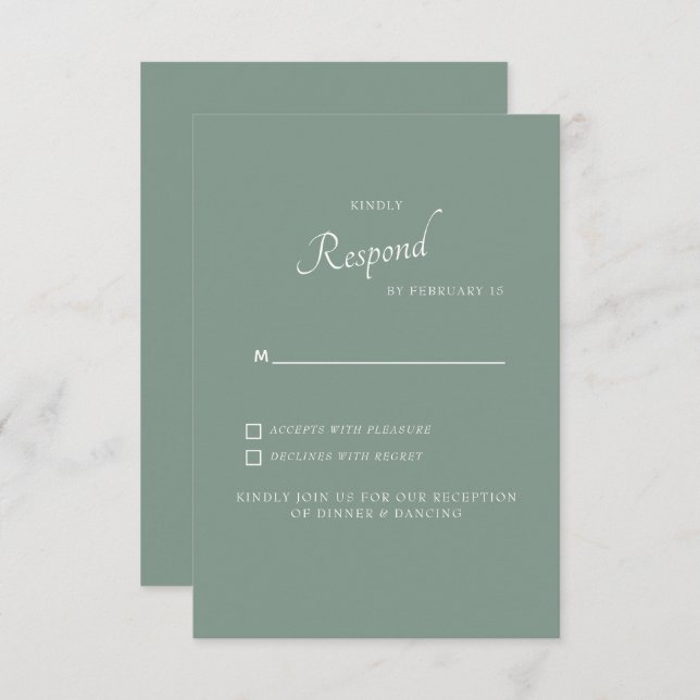 White Hydrangea Dark Sage Background Wedding RSVP (Vorne/Hinten)
