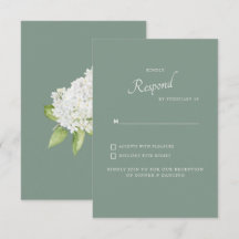 White Hydrangea Dark Sage Background Wedding RSVP