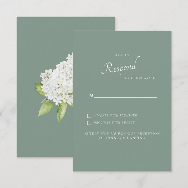 White Hydrangea Dark Sage Background Wedding RSVP Karte (Vorne/Hinten)