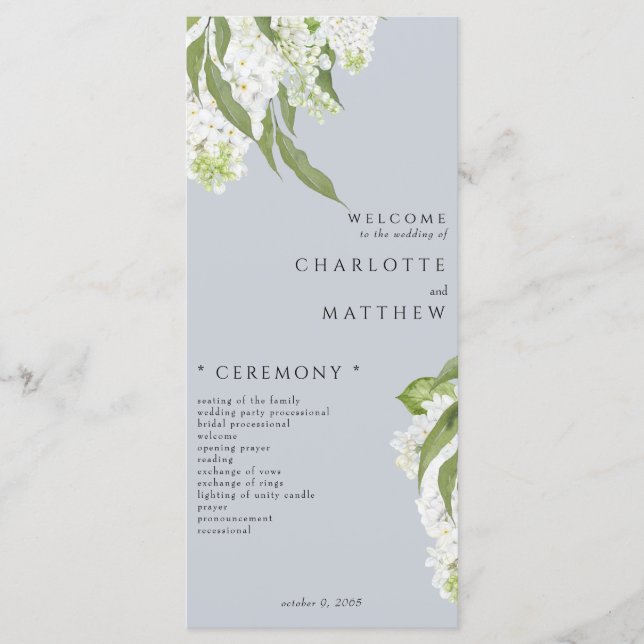 White Hydrangea Dusty Blue Wedding Program Menükarte (Vorderseite)
