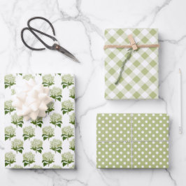White Hydrangea Gingham und Polka Dot Pattern Geschenkpapier Set