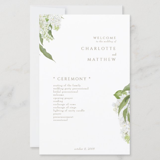 White Hydrangea Gold Text Wedding Program (Vorderseite)
