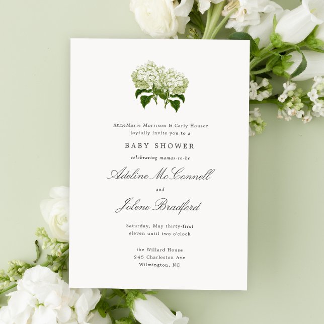 White Hydrangea Grandmillennial Double Baby Dusche Einladung (double mama baby shower with green and white hydrangea flowers and elegant grand millennial text)